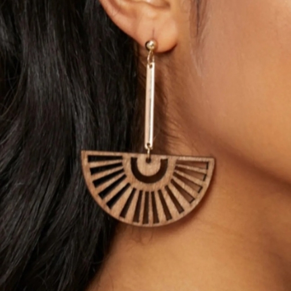Fashion Jewelry Jewelry - Boho Wooden Fan Earrings Metal Bar Drops From Post Earring